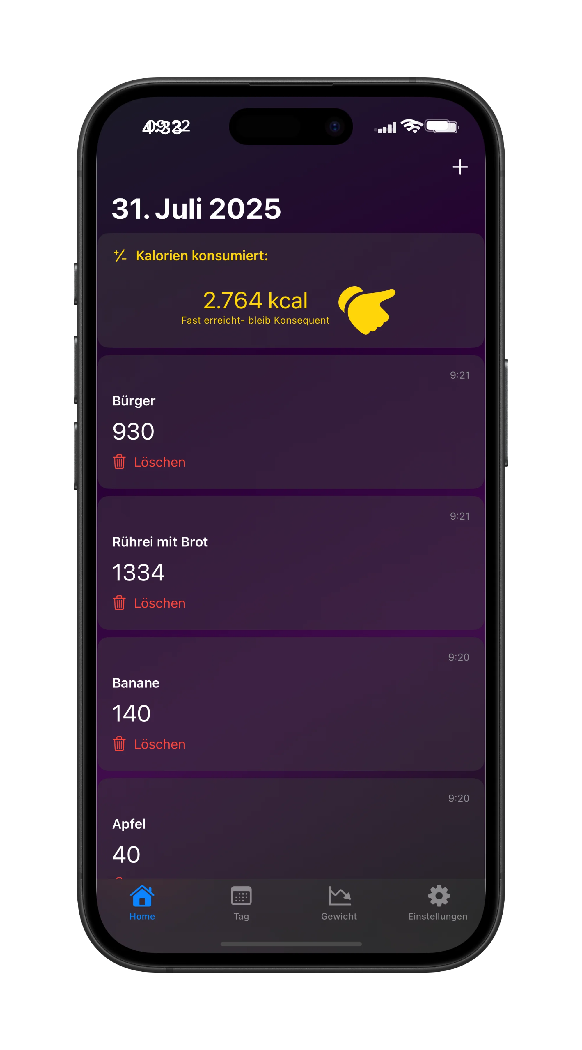LightBite Screen 1 Dark Mode - Erfasse jeden Tag deine gegessen kalorien und lass Sie Summieren um den Überblick zu behalten.