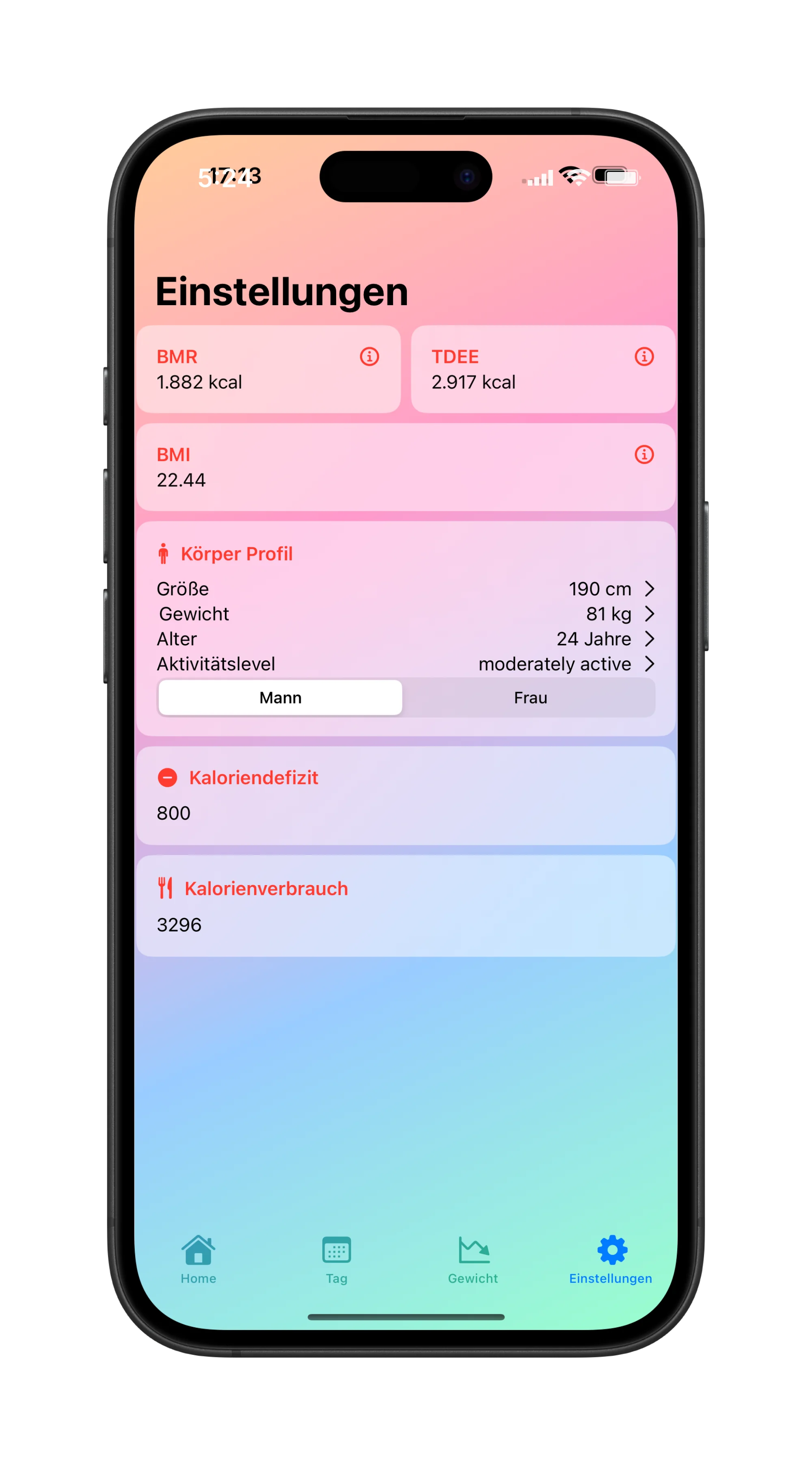 LightBite Screen 5 Light Mode - Lass dir deinen BMI, BMR und dein TDEE berechnen.
In dem du deine Größe, dein Gewicht, dein Alter und dein Aktivitätslevel sowie dein Kalorienverbrauch und dein Kaloriendefizit in der App eingibst.