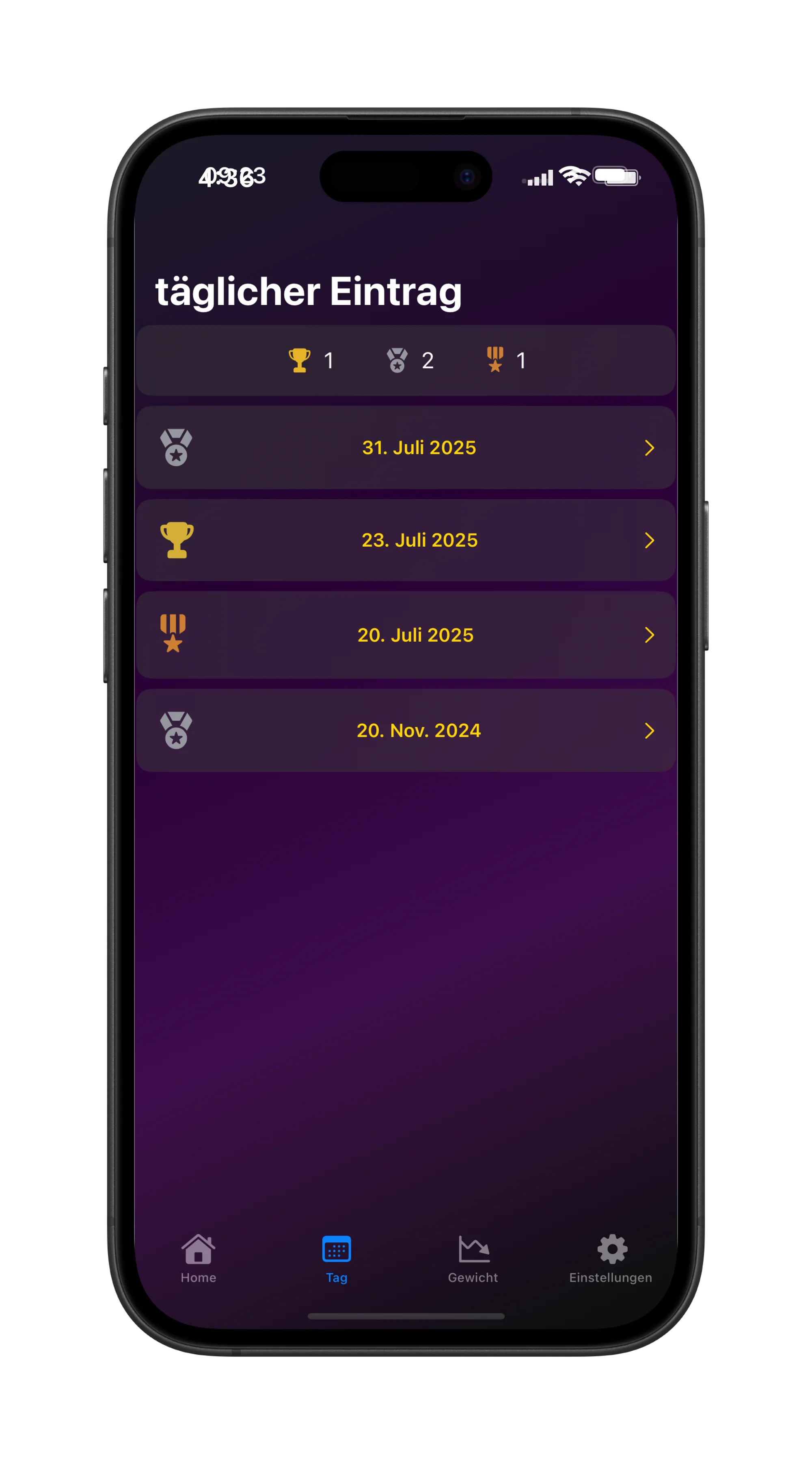 LightBite Screen 2 Dark Mode - Sammel für jeden getrackten Tag Trophäen um motiviert zu bleiben.