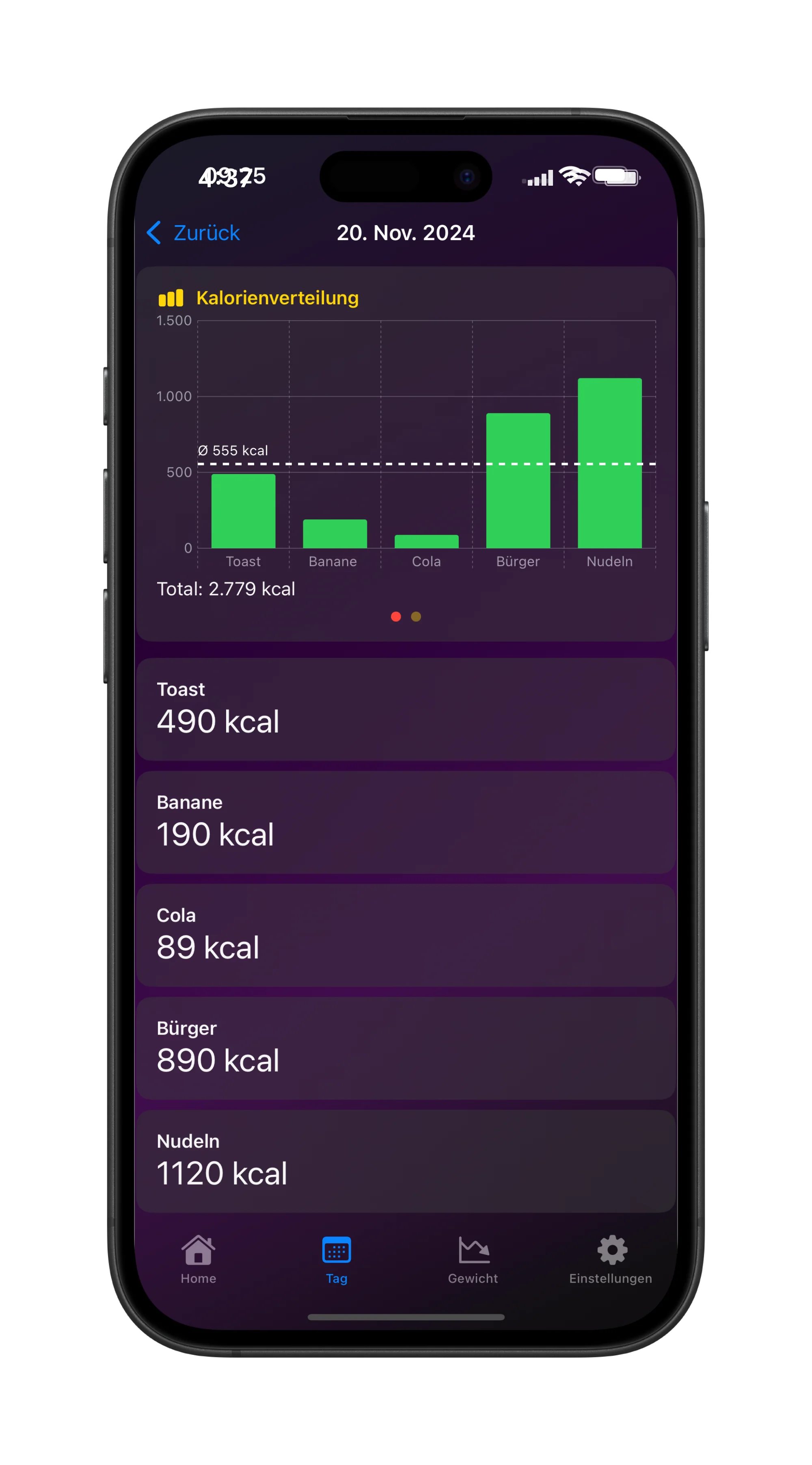 LightBite Screen 2 Dark Mode - Lass den Tag nochmal Revue passieren und schau nach was du gegessen hast.