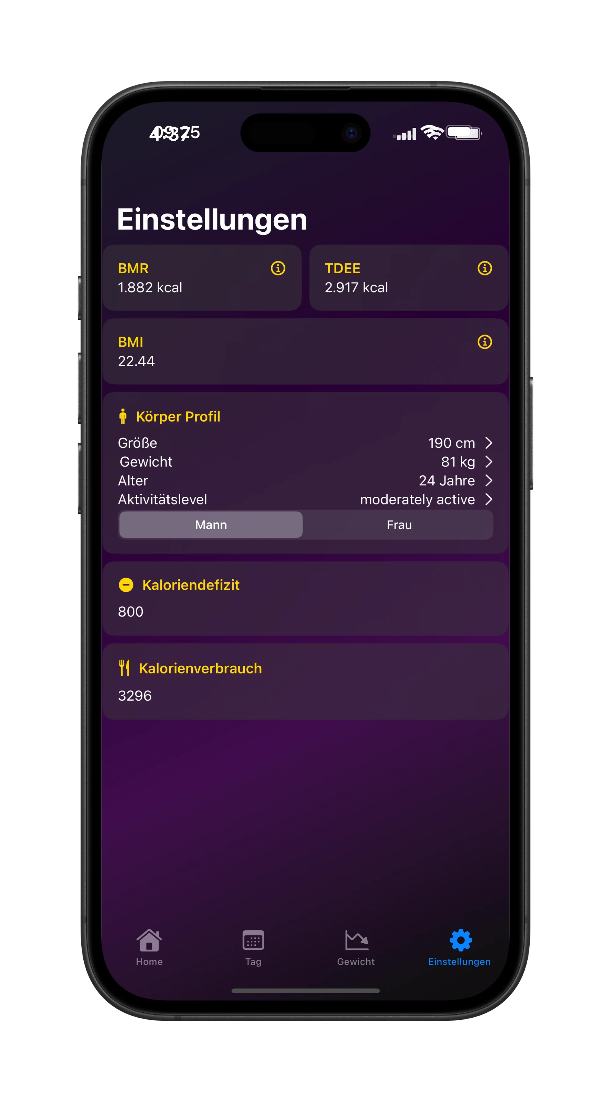 LightBite Screen 2 Dark Mode - Lass dir deinen BMI, BMR und dein TDEE berechnen.
In dem du deine Größe, dein Gewicht, dein Alter und dein Aktivitätslevel sowie dein Kalorienverbrauch und dein Kaloriendefizit in der App eingibst.