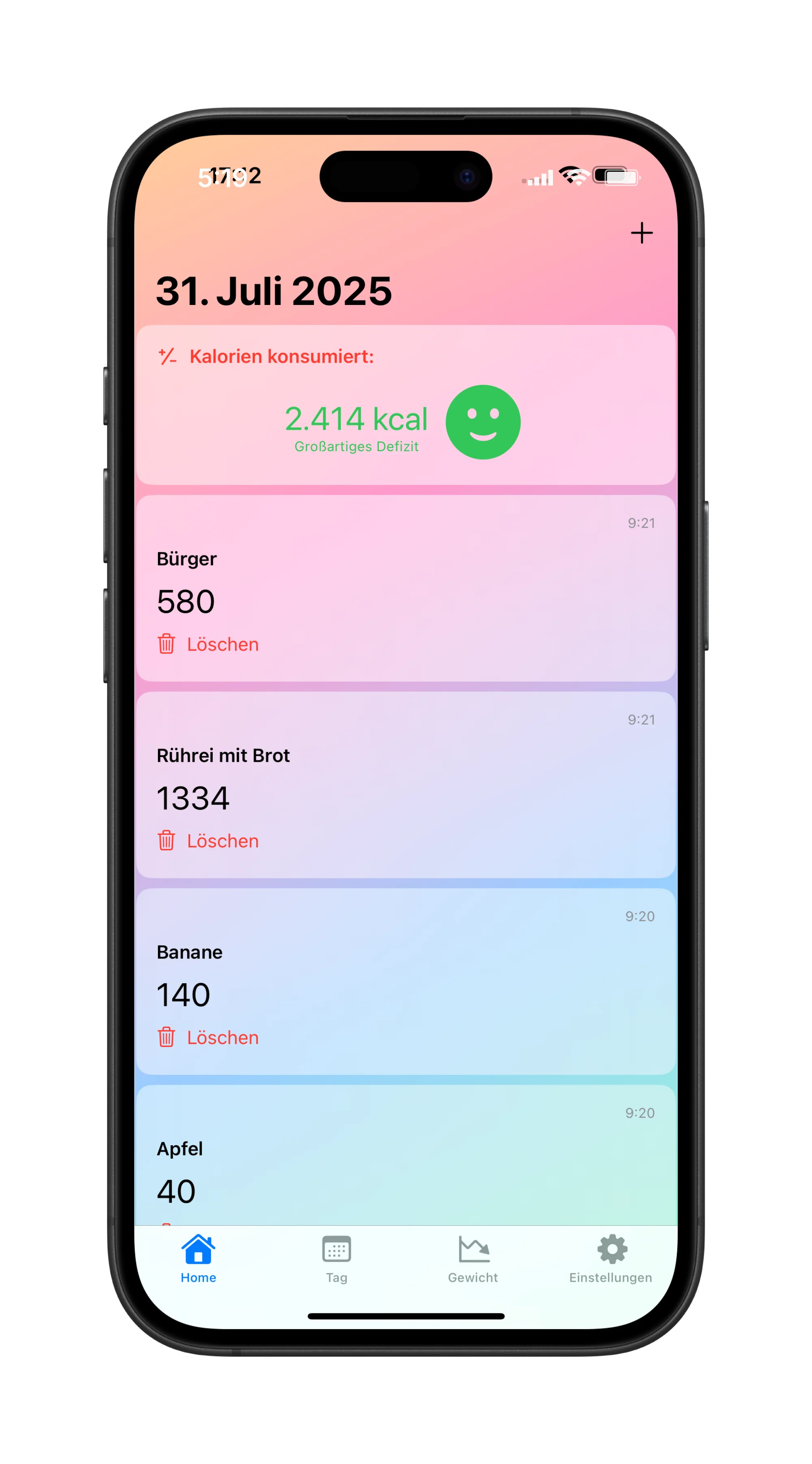 LightBite Screen 1 Light Mode - Erfasse jeden Tag deine gegessen kalorien und lass Sie Summieren um den Überblick zu behalten.