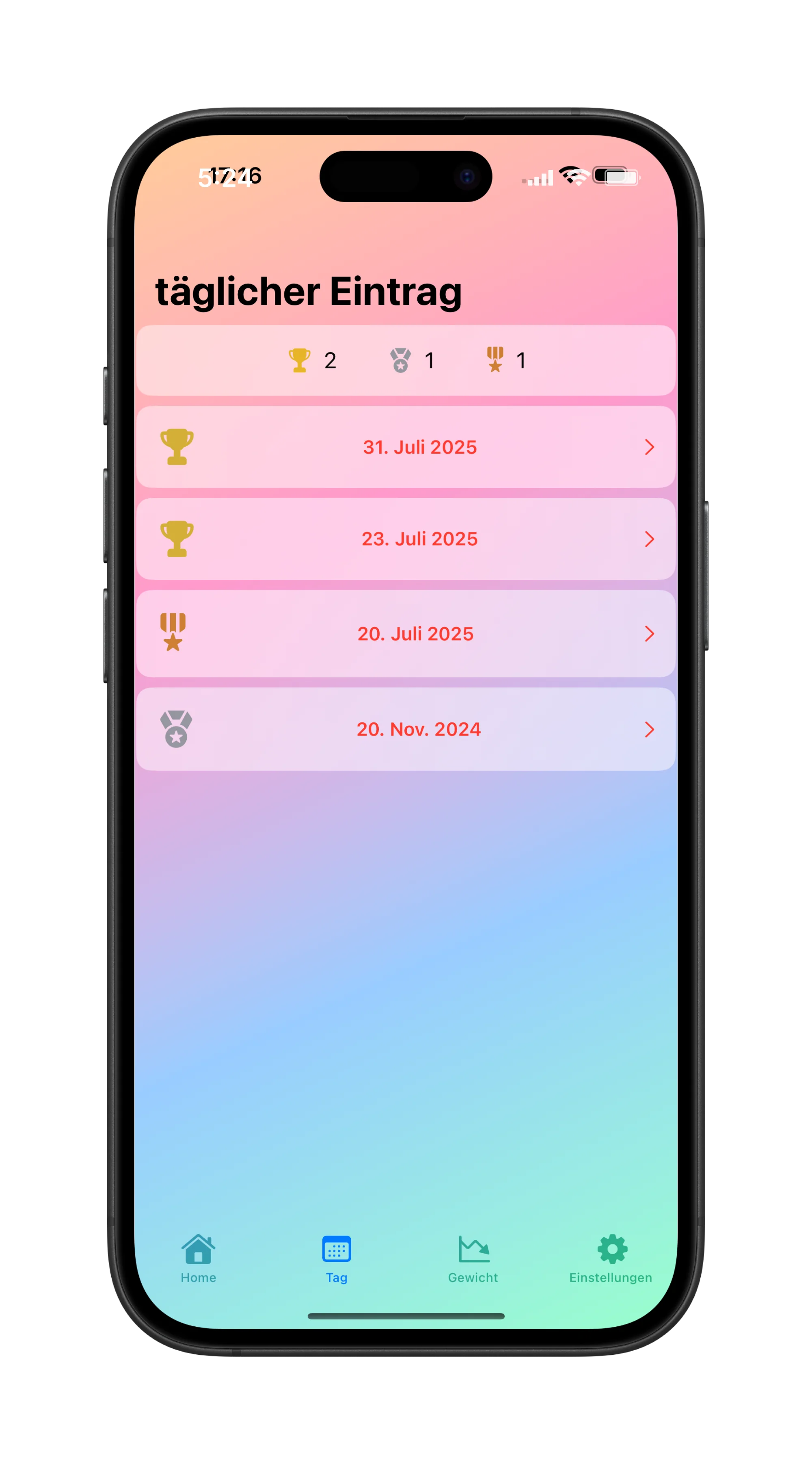 LightBite Screen 2 Light Mode - Sammel für jeden getrackten Tag Trophäen um motiviert zu bleiben.
