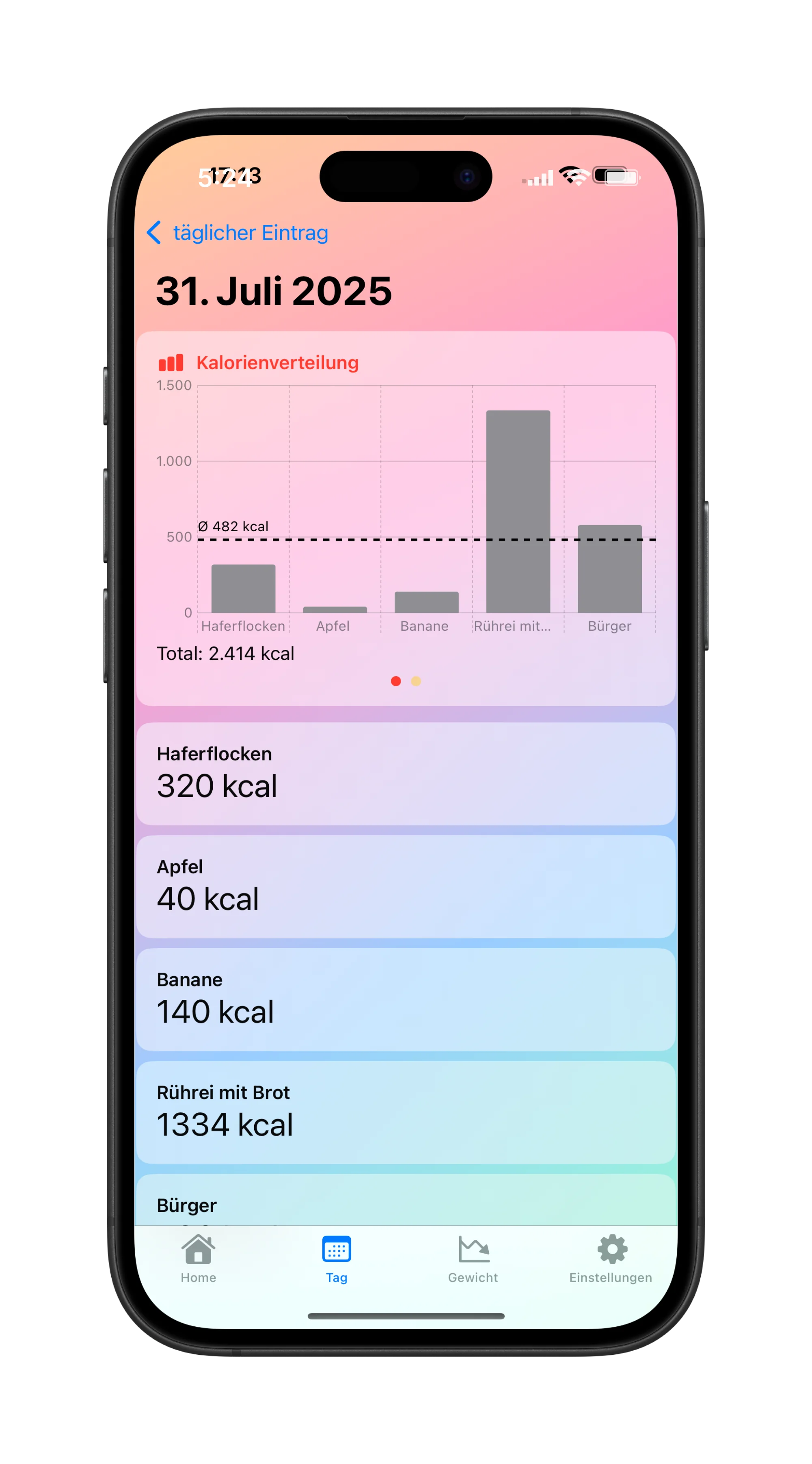 LightBite Screen 3 Light Mode - Lass den Tag nochmal Revue passieren und schau nach was du gegessen hast.