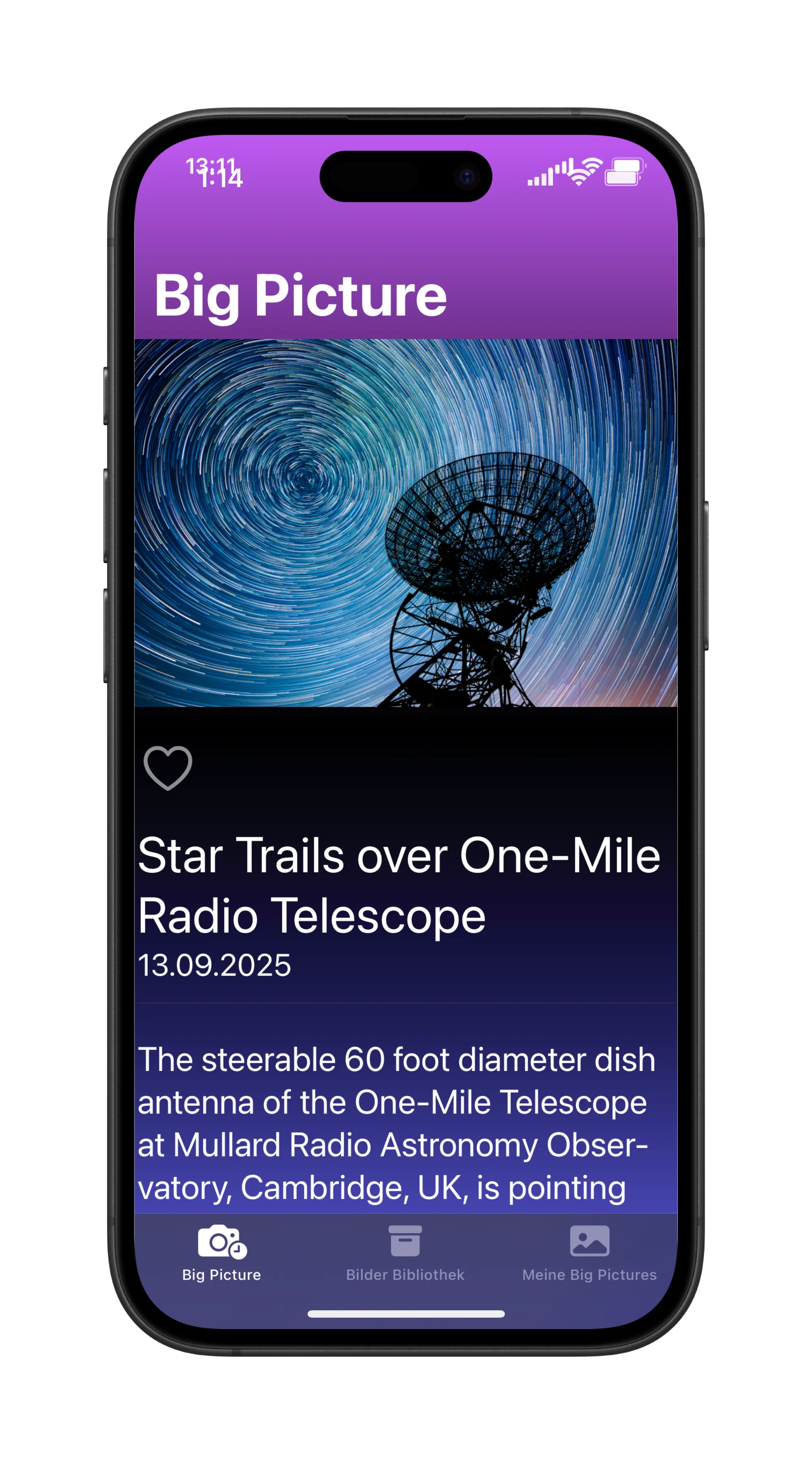 SpaceGaze Screen 1 - Big Picture, schau dir jeden Tag ein neues Bild der NASA an und lese dazu die passenden Beschreibungen.