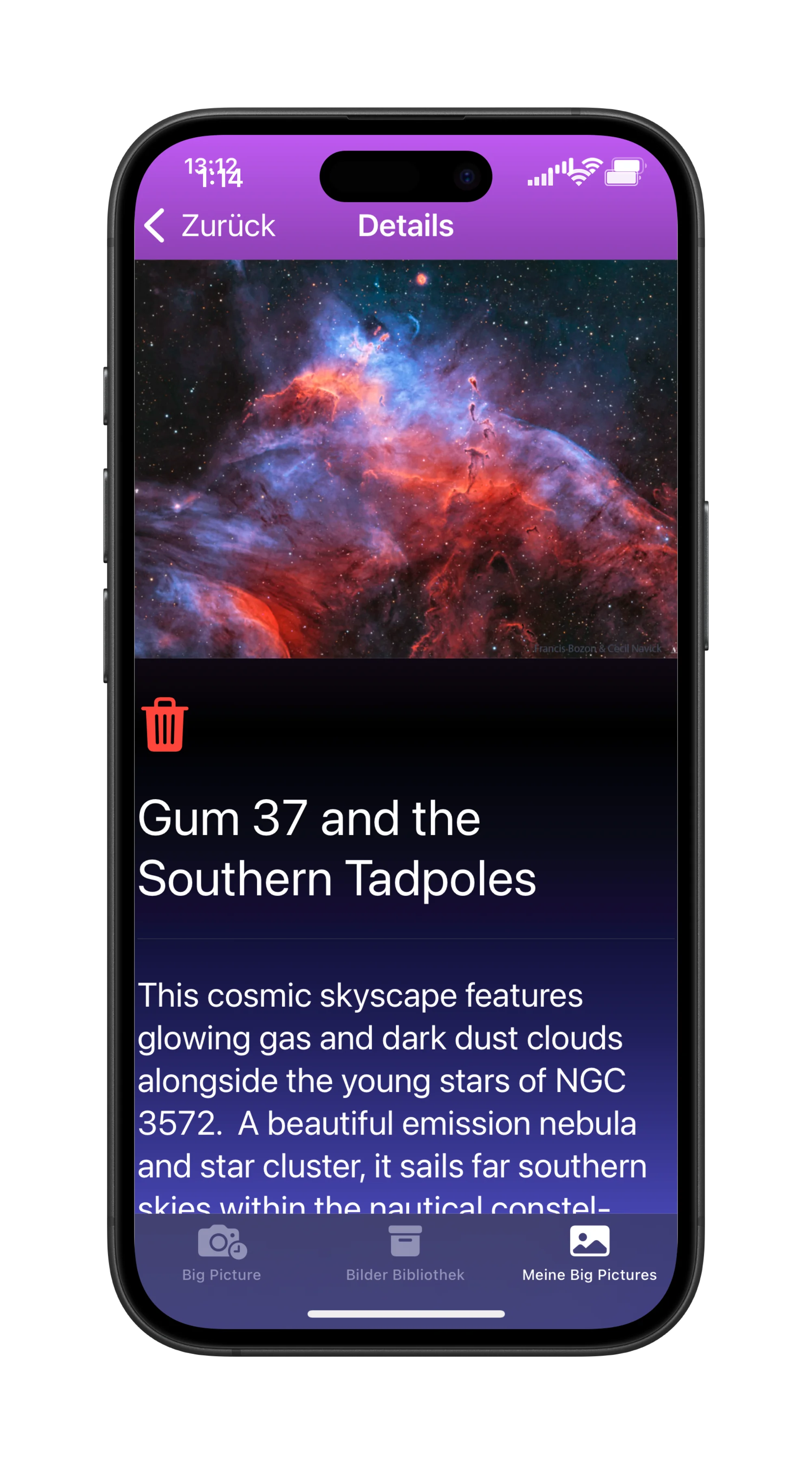 SpaceGaze Screen 5 - Schau dir deine gespeicherten Big Pictures an und lese die dazu gehörigen Beschreibungen.